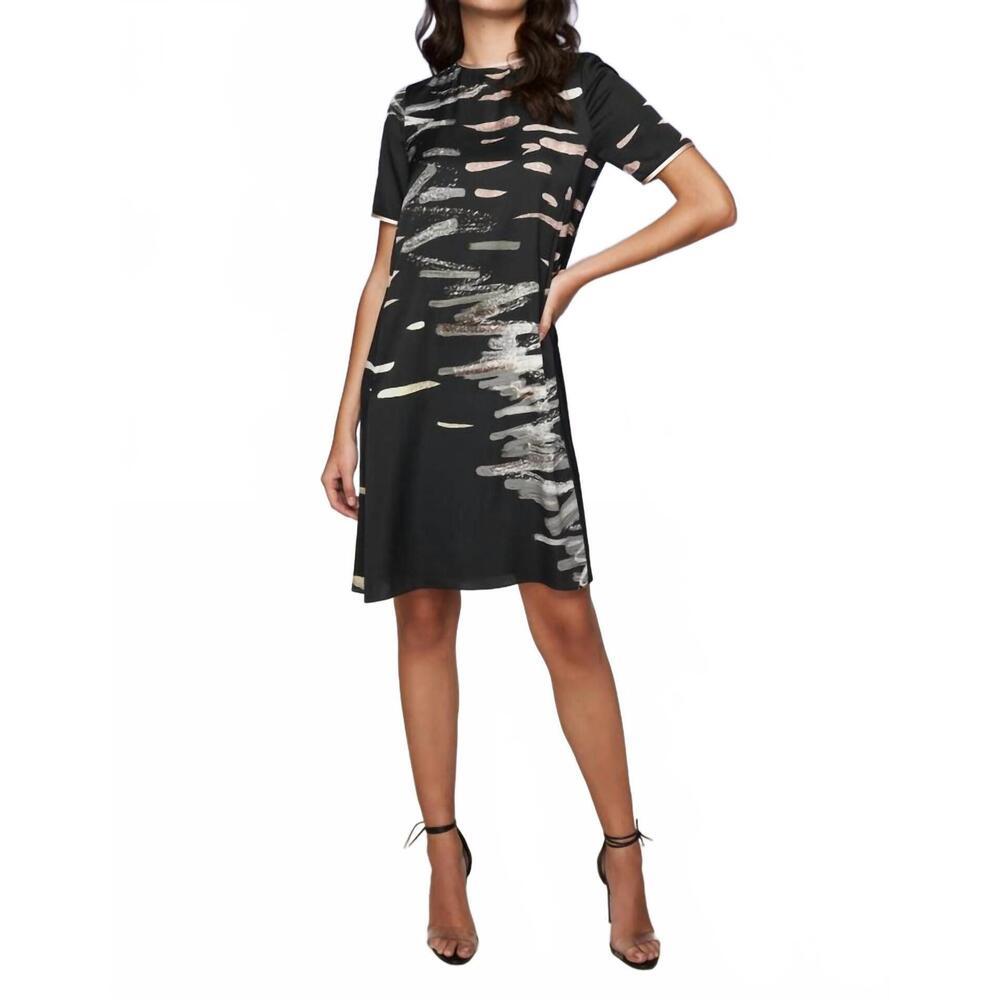 NEW MI JONG LEE silk tie neck brushstroke mini dress in black